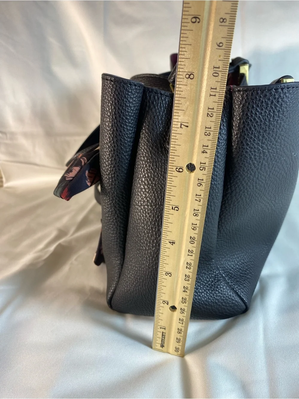 Steve Madden Black Pebbled faux leather purse with Floral Scarf Accent